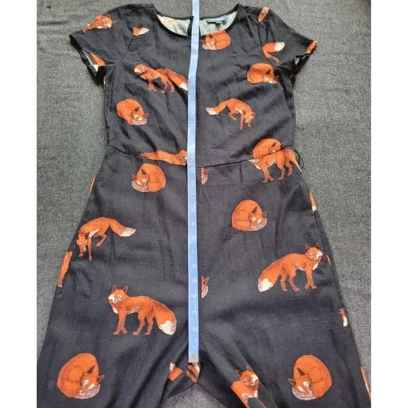 Modcloth‎ Red Fox Jumpsuit Romper Cropped Pant Tie Waist Navy Linen XS Funky - Picture 12 of 14